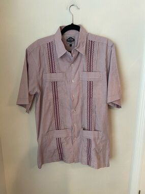 San Cristobal Maroon Check Embroidered Short Sleeve Guayabera Shirt L